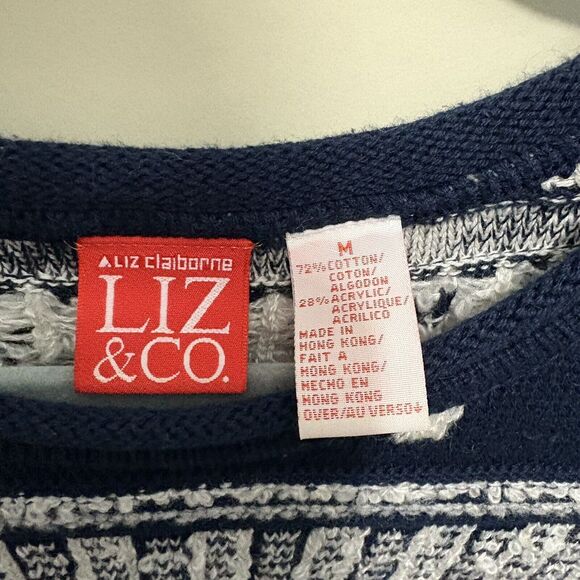 Vintage 90s Liz & Me 3D Knit Chunky Knit Sweater Geometric Navy Red White Med - Picture 6 of 6